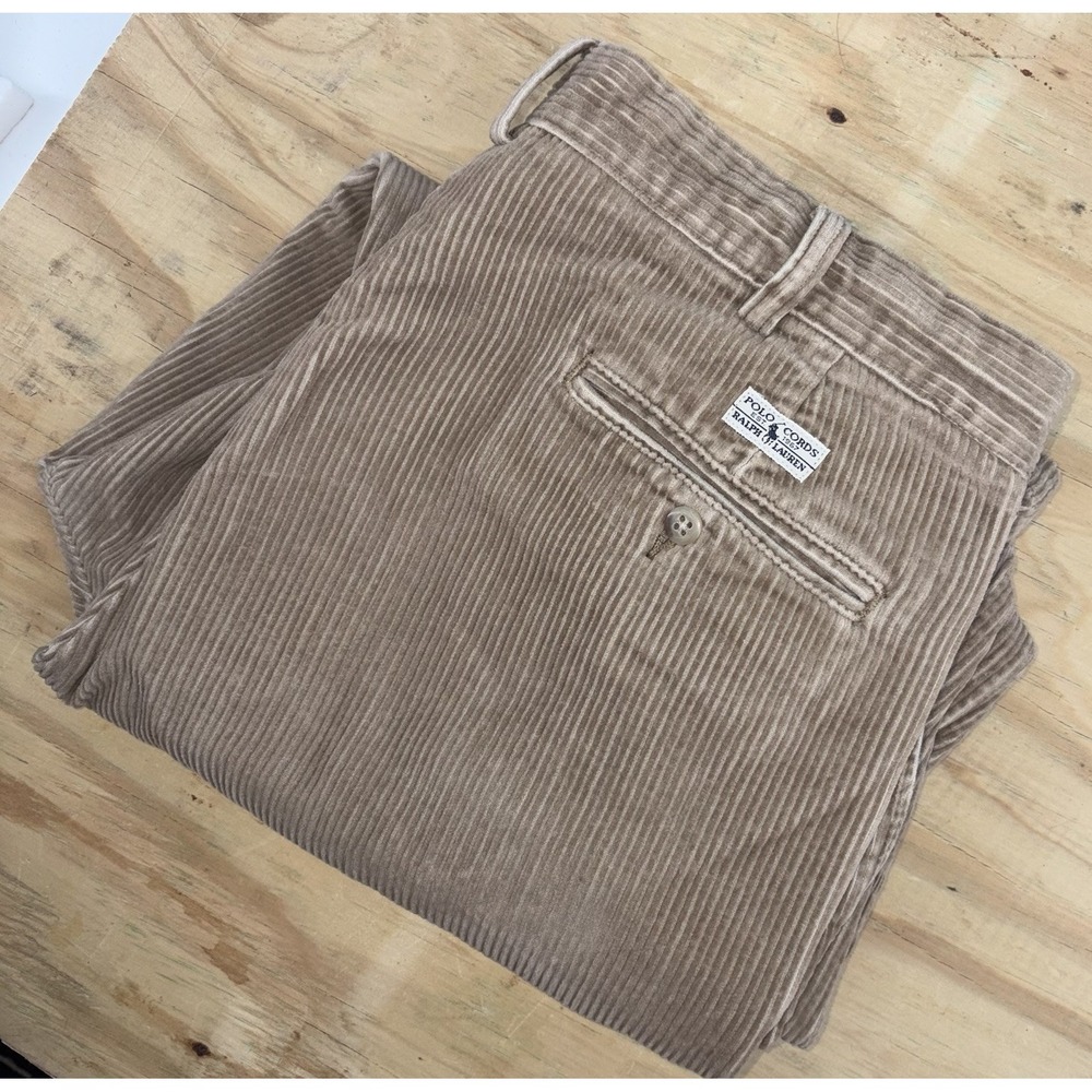 Vintage Polo Ralph Lauren Pleated Andrew Corduroy Pants 35x30 Wide Wale Tan Logo